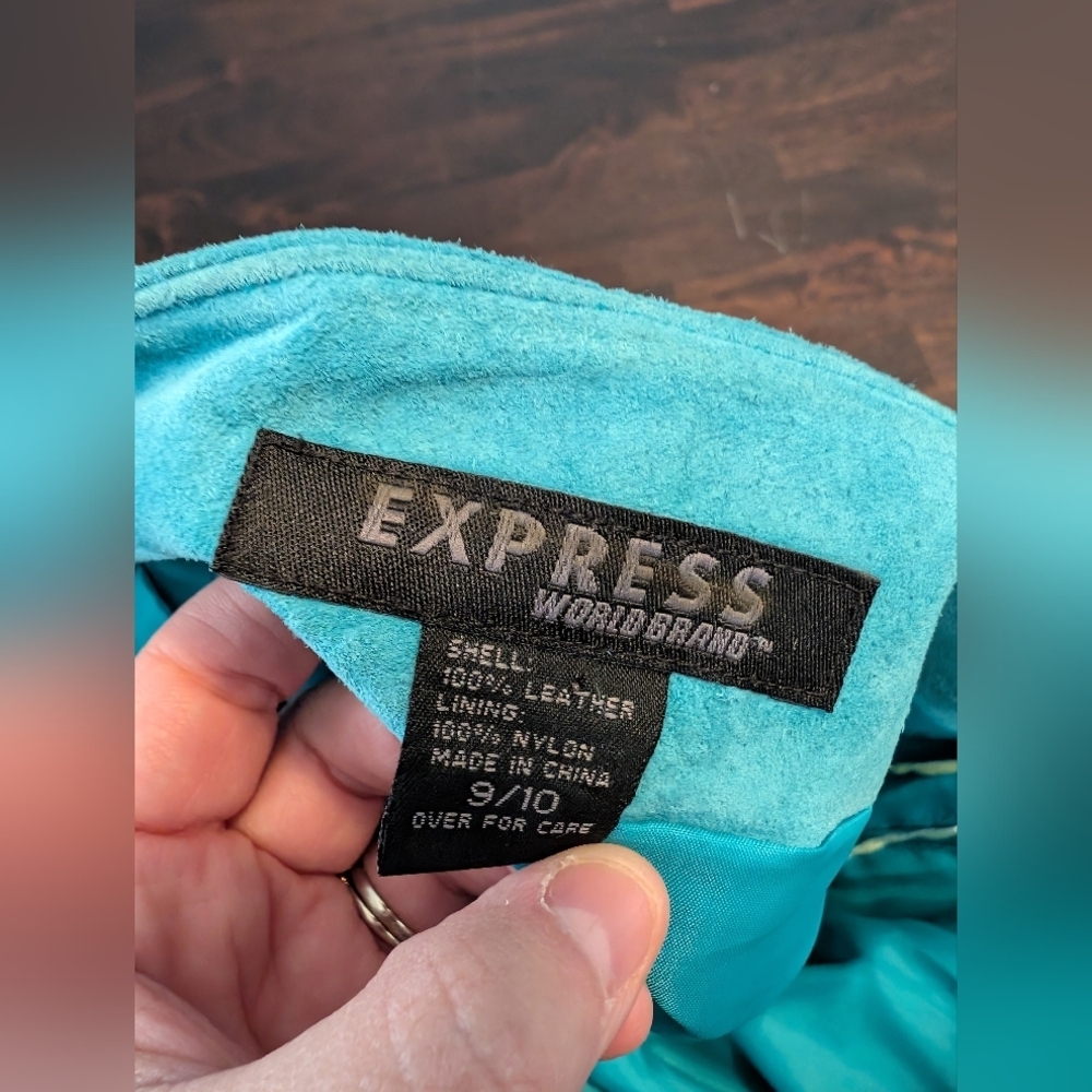 Express VTG Teal Suede Women's Skirt, Size 9/10. Genuine Leather, Lines, Raw Hem - Picture 7 of 7